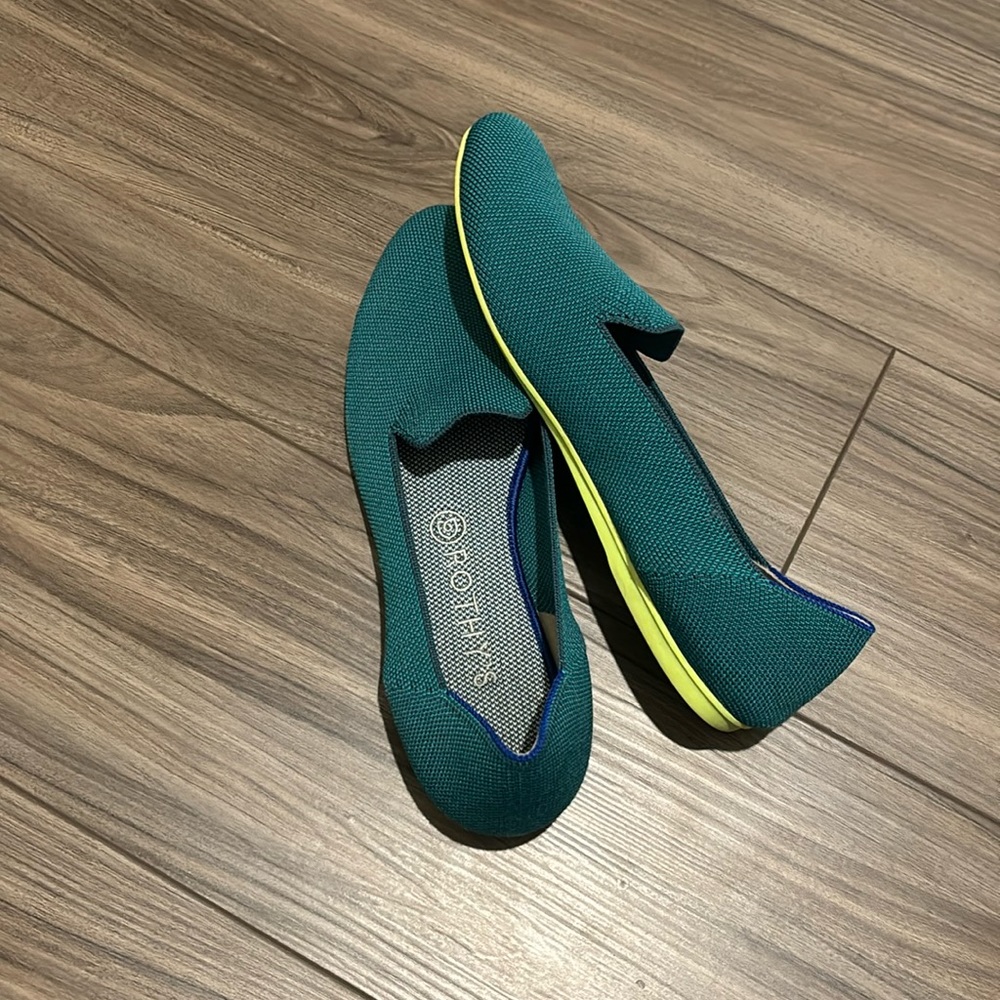 Rothy's Jade Green Loafer with Neon Yellow Sole